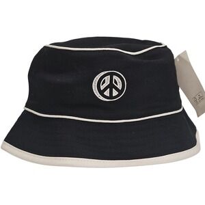 Black Bucket Hat Peace Embroidered Sign‎ White Trim Casual Festival One Size 14+